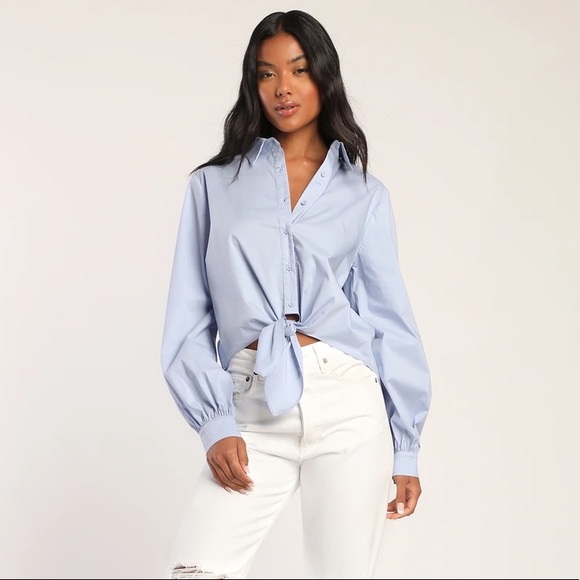 Lulus Tops - NEW Light Blue Tie-Front Long Sleeve Button-Up Top